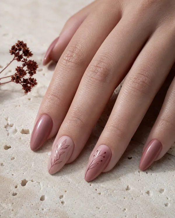 Dusty rose almond nails with delicate botanical line art