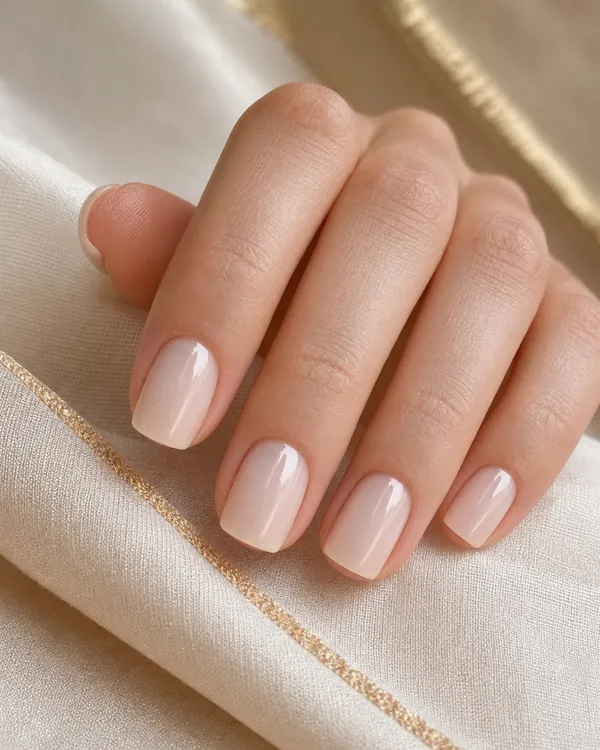 Short soft-square nails with a sheer milky nude finish