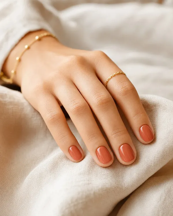 Short oval manicure in a warm terracotta coral