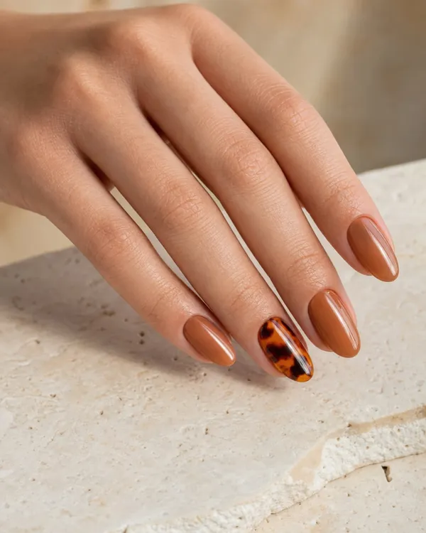 Caramel manicure with a glossy tortoiseshell accent nail