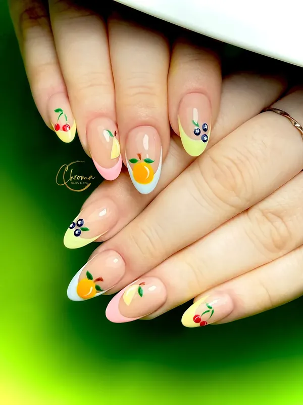 Pastel French tips with cherry, orange and blueberry art